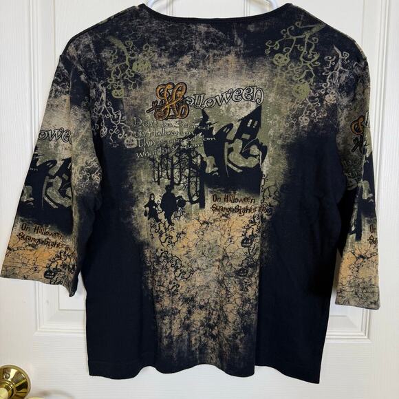 Cactus Bay “Happy Halloween” AOP Tee Large Spooky, Pumpkin, Ghosts, Embellished - Picture 2 of 6